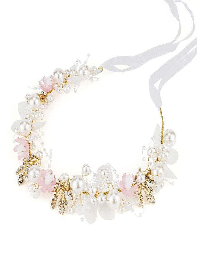 Didder Flower Headband Pearl Tiara and Crown for Women and Girls, Pink Maternity Photoshoot Rhinestone Headband Bridesmaid Wedding Hair Vine Accessories for Brides Flower Girl Crown Headpiece - Image 1