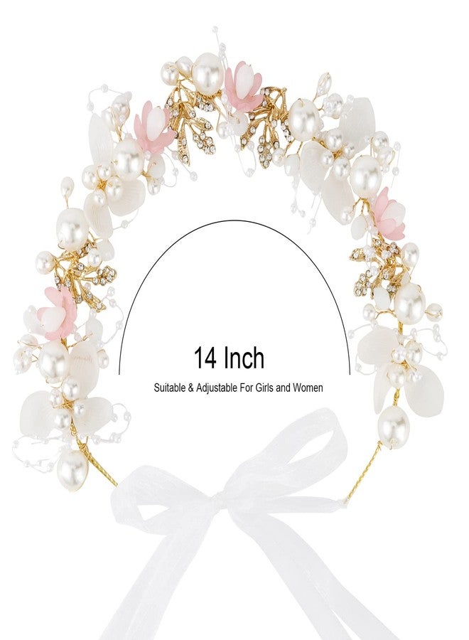 Didder Flower Headband Pearl Tiara and Crown for Women and Girls, Pink Maternity Photoshoot Rhinestone Headband Bridesmaid Wedding Hair Vine Accessories for Brides Flower Girl Crown Headpiece - Image 2