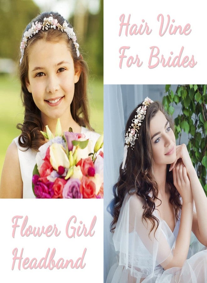 Didder Flower Headband Pearl Tiara and Crown for Women and Girls, Pink Maternity Photoshoot Rhinestone Headband Bridesmaid Wedding Hair Vine Accessories for Brides Flower Girl Crown Headpiece - Image 3