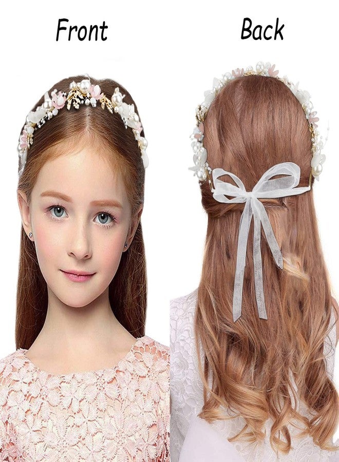 Didder Flower Headband Pearl Tiara and Crown for Women and Girls, Pink Maternity Photoshoot Rhinestone Headband Bridesmaid Wedding Hair Vine Accessories for Brides Flower Girl Crown Headpiece - Image 5