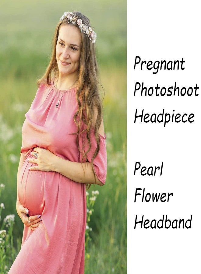 Didder Flower Headband Pearl Tiara and Crown for Women and Girls, Pink Maternity Photoshoot Rhinestone Headband Bridesmaid Wedding Hair Vine Accessories for Brides Flower Girl Crown Headpiece - Image 4