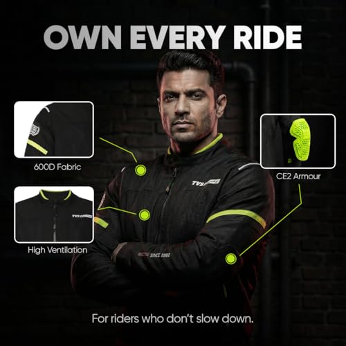 TVS Racing Tech-Core Road Jacket for Men | CE2 armour <5kN at Shoulders Elbows and Back | 600D Chassis | 310gsm Vent Mesh | High-Vis Reflective Tech| YKK zippers - Black-Neon, Size-S - Image 3