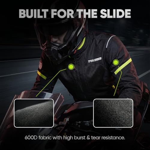 TVS Racing Tech-Core Road Jacket for Men | CE2 armour <5kN at Shoulders Elbows and Back | 600D Chassis | 310gsm Vent Mesh | High-Vis Reflective Tech| YKK zippers - Black-Neon, Size-S - Image 5