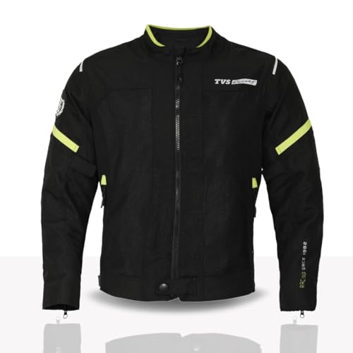 TVS Racing Tech-Core Road Jacket for Men | CE2 armour <5kN at Shoulders Elbows and Back | 600D Chassis | 310gsm Vent Mesh | High-Vis Reflective Tech| YKK zippers - Black-Neon, Size-S - Image 1