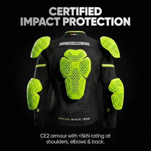 TVS Racing Tech-Core Road Jacket for Men | CE2 armour <5kN at Shoulders Elbows and Back | 600D Chassis | 310gsm Vent Mesh | High-Vis Reflective Tech| YKK zippers - Black-Neon, Size-S - Image 4