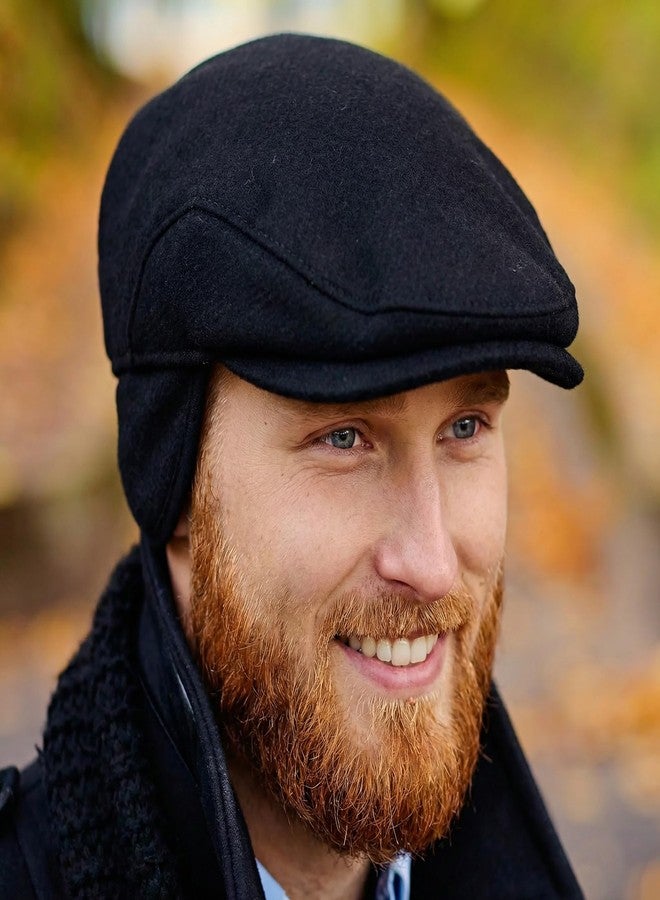 Biddy Murphy Men's Irish Newsboy 100% Wool Flat Cap, Warm Tuck-Away Ear Flaps, Black, Medium - Image 2