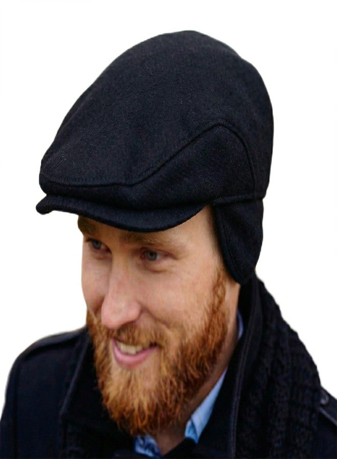 Biddy Murphy Men's Irish Newsboy 100% Wool Flat Cap, Warm Tuck-Away Ear Flaps, Black, Medium - Image 1