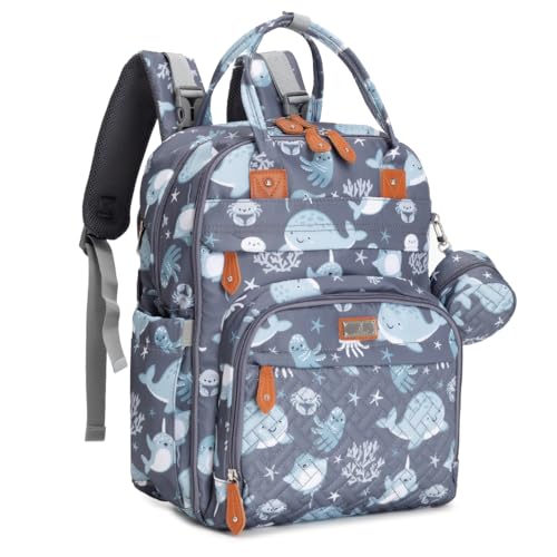 BabbleRoo Diaper Bag Backpack Baby Essentials Travel Tote Multi Function Waterproof Diaper Bag Travel Essentials Baby Bag with Changing Pad Stroller Straps Pacifier Case Unisex Sea Animals