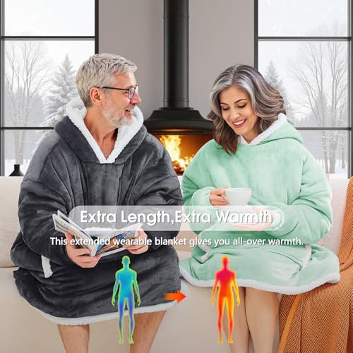 JOYWOO Green Wearable Blanket Hoodie,Oversized Cat Lovers Sweatshirt Blanket for Adult, Birthday Gifts for Women,Mom,Men,Cozy Sherpa Hooded Blanket with Giant Pocket Winter Gifts,Sage green Standard - Image 4