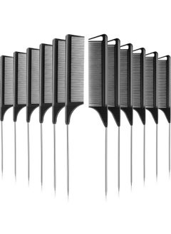 Patelai 12 Pieces Rat Tail Comb Carbon Fiber Parting Comb Set Stainless Steel Tail Hair Comb Heat Resistant Teasing Comb For Braid Hair Salon Home Use  - Image 2