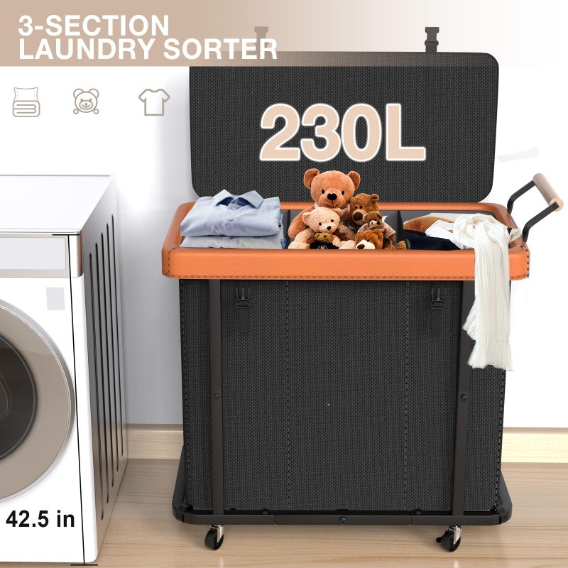 Elowen 60 Gal (230L) Laundry Hamper 3 Section with Lid, Leather Patchwork Laundry Sorter with Rolling Lockable Wheels and Handle, Laundry Basket Organizer for Laundry Room, Bedroom and Bathroom - Black - Image 3