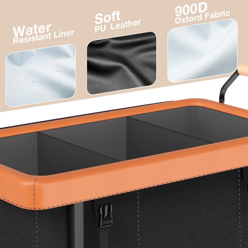 Elowen 60 Gal (230L) Laundry Hamper 3 Section with Lid, Leather Patchwork Laundry Sorter with Rolling Lockable Wheels and Handle, Laundry Basket Organizer for Laundry Room, Bedroom and Bathroom - Black - Image 2