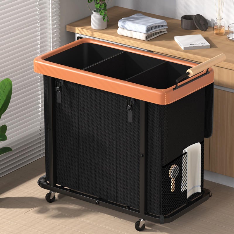 Elowen 60 Gal (230L) Laundry Hamper 3 Section with Lid, Leather Patchwork Laundry Sorter with Rolling Lockable Wheels and Handle, Laundry Basket Organizer for Laundry Room, Bedroom and Bathroom - Black - Image 1