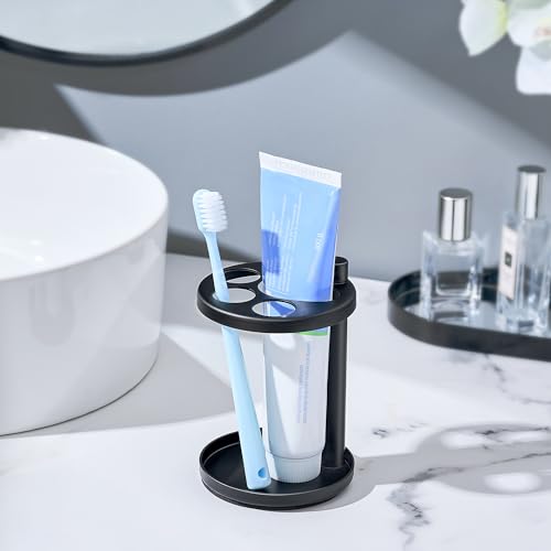 Josmimic Toothbrush Toothpaste Holder for Bathroom Countertop Metal Electric Toothbrush Stand with Razor Slot Ideal Design Caddy for Kids Family Black - Image 3