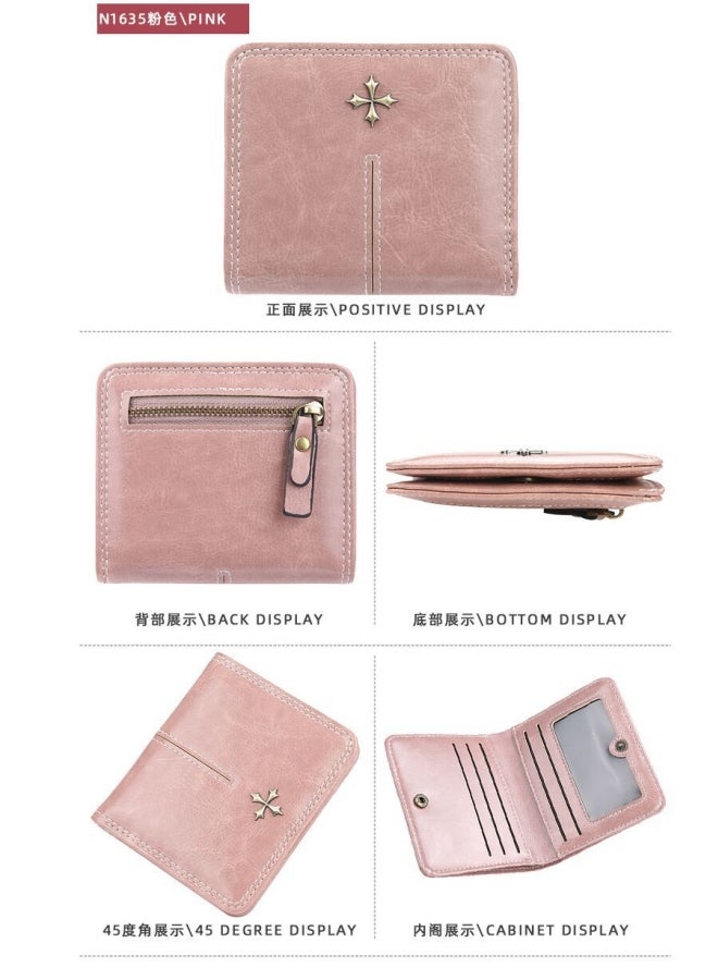 بايلليري محفظة نسائية قصيرة على الطراز الكوري، متعددة الفتحات، محفظة جلدية للعملات المعدنية، عصرية ومتعددة الاستخدامات، حامل بطاقات بسحاب، وردي - Image 2