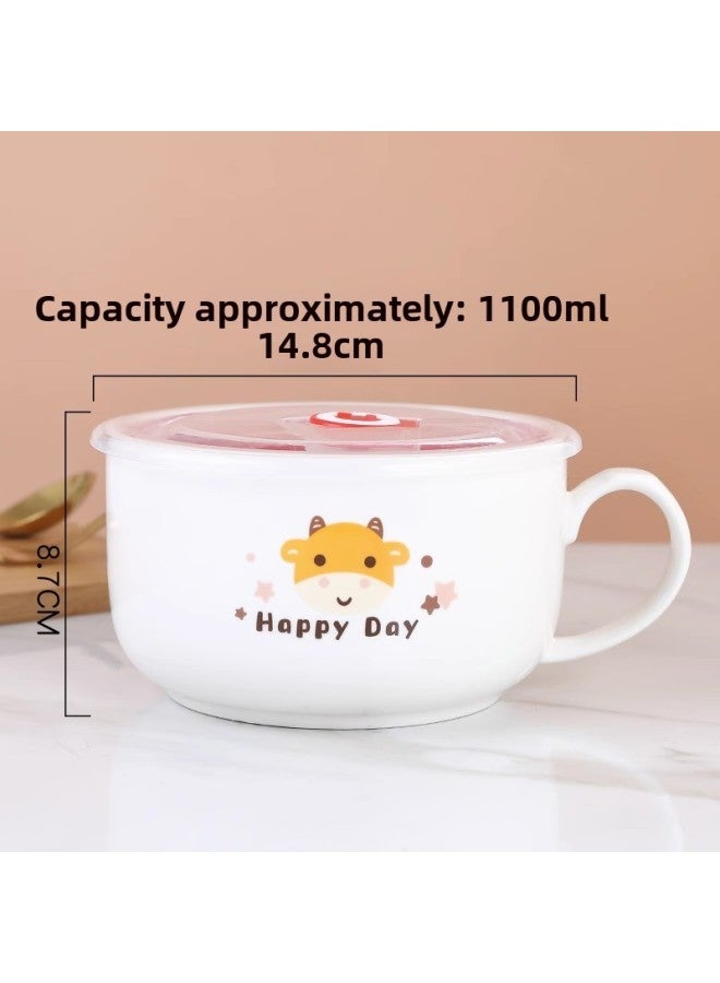Ceramic Instant Noodle Bowl Rice Bowl Bowl With Lid And Handle Fresh-keeping Bowl Instant Noodle Bowl Bento Box Soup Bowl For Work Microwave-Specifications:Large Hello Cow  - Image 1