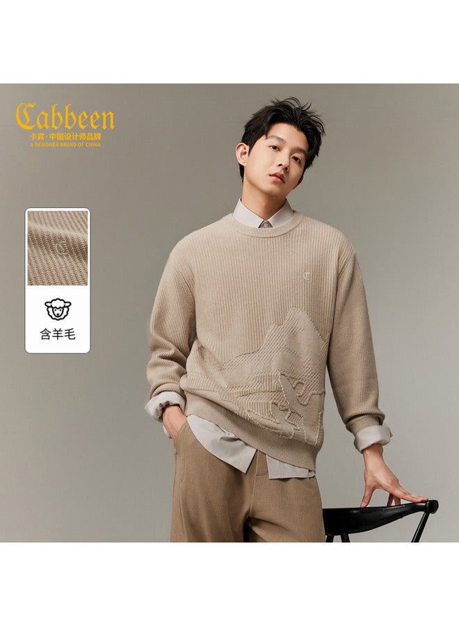 Cabbeen Cable Embroidery Jacquard Craft Long Sleeve Sweater Soft Winter Round Neck Sweater - Image 2