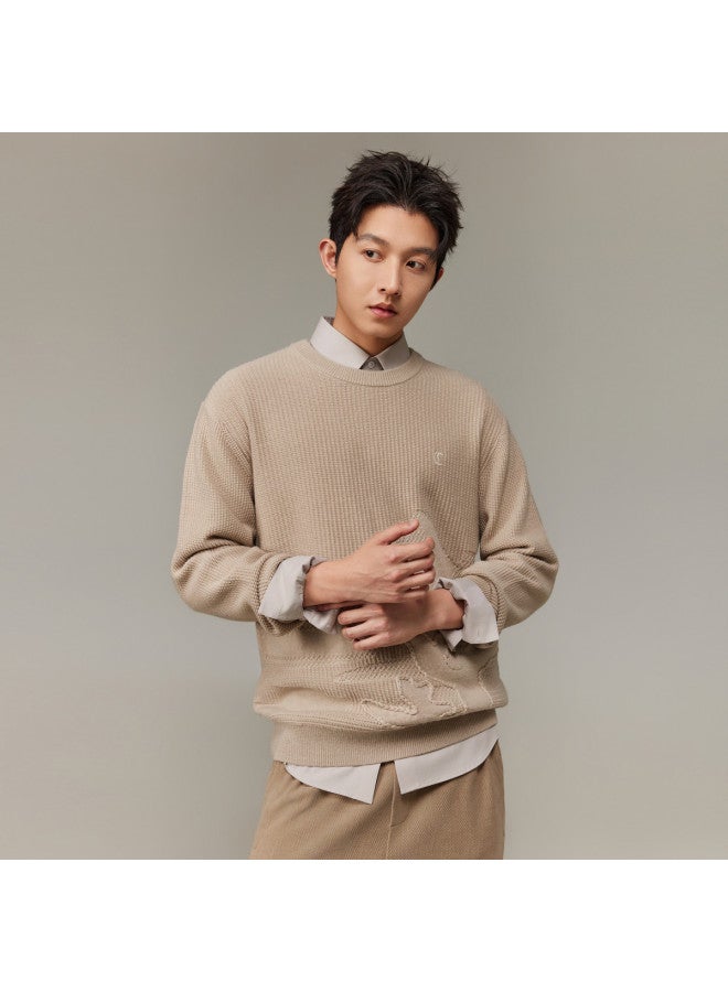 Cabbeen Cable Embroidery Jacquard Craft Long Sleeve Sweater Soft Winter Round Neck Sweater - Image 5
