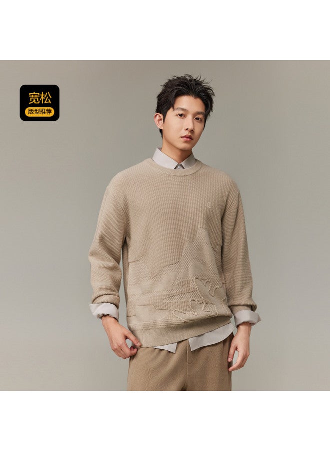 Cabbeen Cable Embroidery Jacquard Craft Long Sleeve Sweater Soft Winter Round Neck Sweater - Image 3