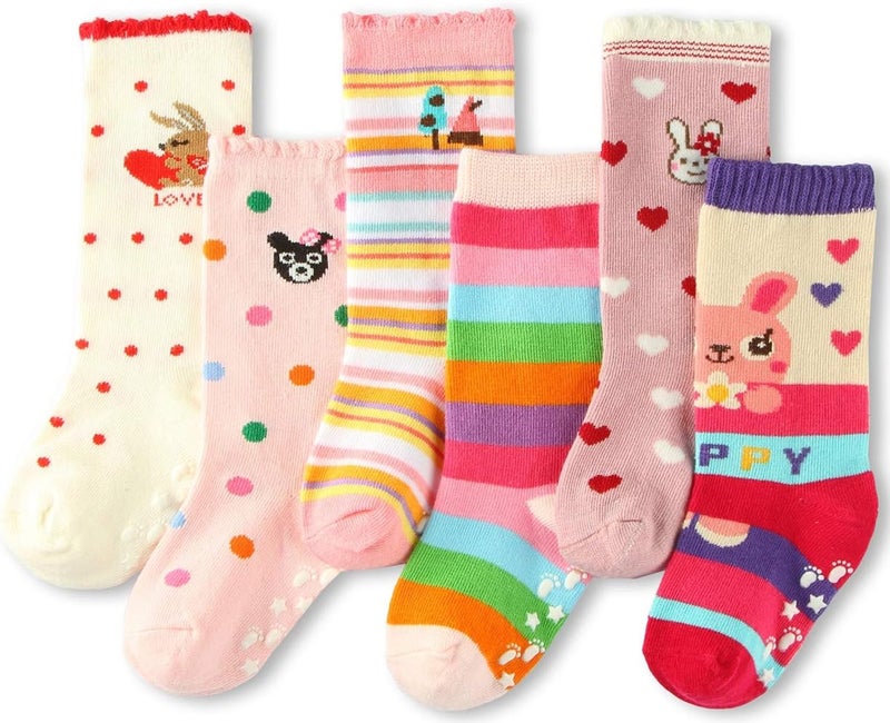 Cottock 6 Pairs Toddler Girl Knee High Grip Socks, Baby School Socks Anti Slip for Kids Girl - Image 2