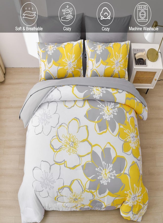 Anibedding طقم لحاف مزهر أصفر مكون من 7 قطع بحجم كوين، سرير قابل للعكس في حقيبة مع مجموعة ملاءات لجميع الفصول، طقم بياضات دافئة بنمط زهور من الألياف الدقيقة (كوين، 90"x90") - Image 3
