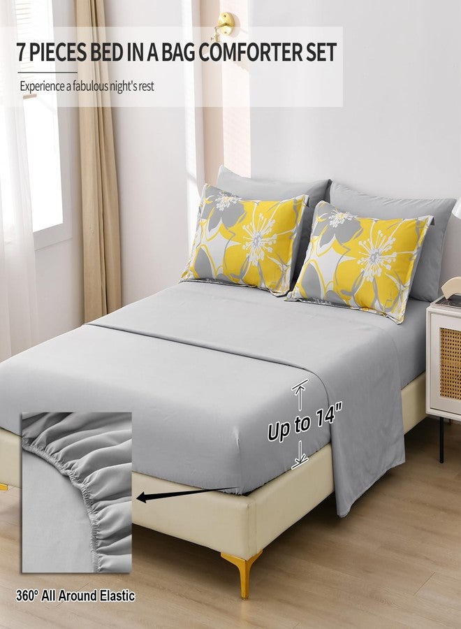 Anibedding طقم لحاف مزهر أصفر مكون من 7 قطع بحجم كوين، سرير قابل للعكس في حقيبة مع مجموعة ملاءات لجميع الفصول، طقم بياضات دافئة بنمط زهور من الألياف الدقيقة (كوين، 90"x90") - Image 5