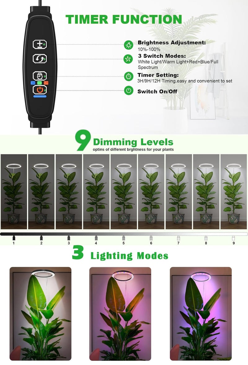 Little Joke 10" Grow Lights for Large Indoor Plants, Full Spectrum Indoor Plant Light for Indoor Growing with Timer,Height Adjustable Auto On/Off 3/9/12H, 9 Brightness,Led Tall Halo Grow Light for House Plants - Image 4