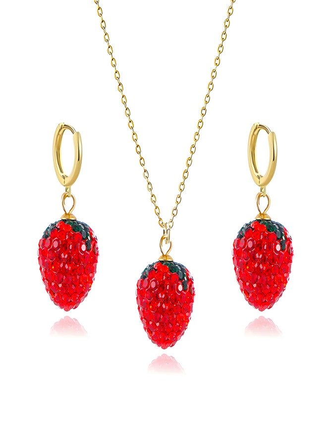 WCRAZYE Strawberry Earrings Necklace Sets for Women Cute Lifelike Cubic Zirconia Red Crystal Fruit Strawberry Earrings (Strawberry B) - Image 1