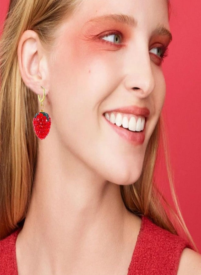 WCRAZYE Strawberry Earrings Necklace Sets for Women Cute Lifelike Cubic Zirconia Red Crystal Fruit Strawberry Earrings (Strawberry B) - Image 3