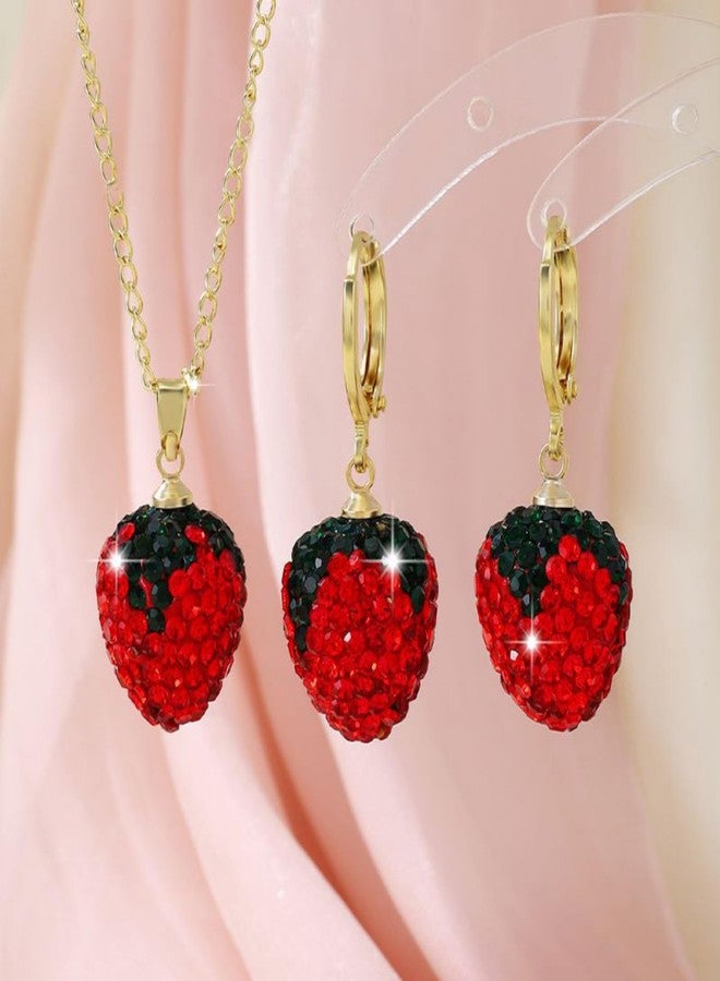 WCRAZYE Strawberry Earrings Necklace Sets for Women Cute Lifelike Cubic Zirconia Red Crystal Fruit Strawberry Earrings (Strawberry B) - Image 2