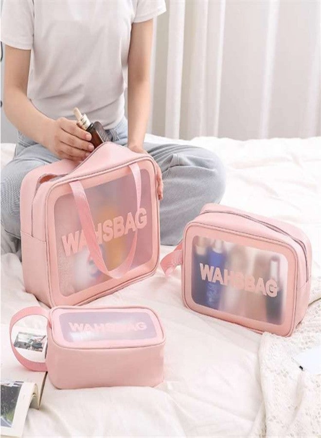 Luxula Multipurpose Clear PVC Zipper Cosmetic Travel Wash Bag Toiletry Makeup Organizer Portable Carry Pouch for Women Girls (Set of 3 Bag) (Pink) - Image 3