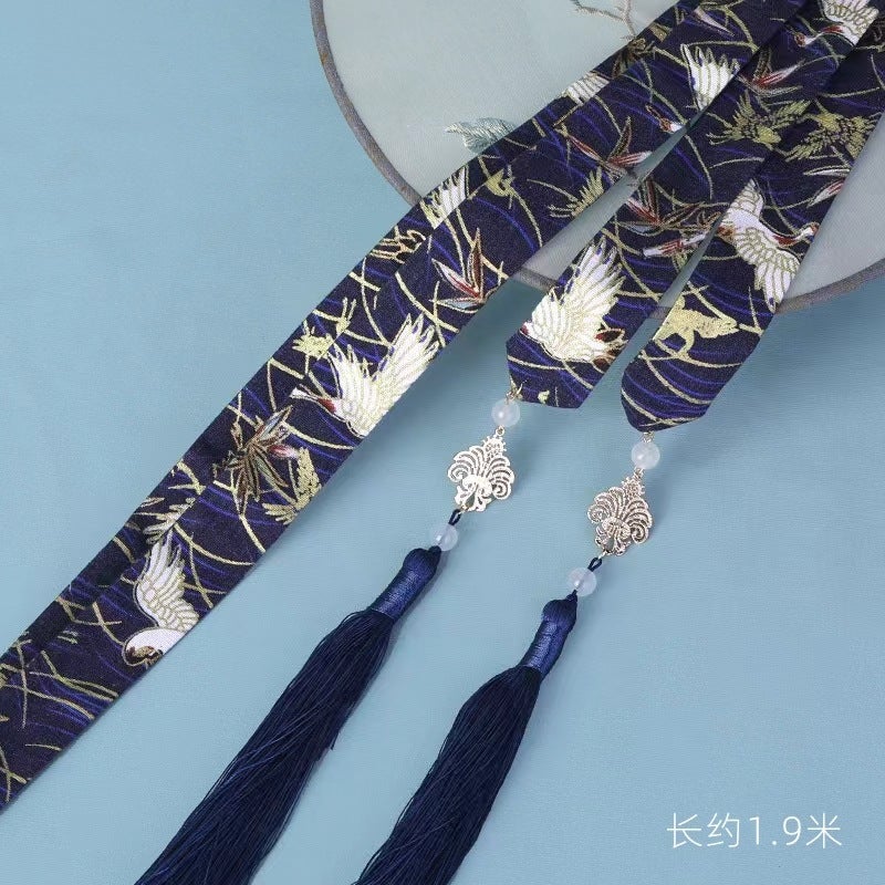 Generic Horse-faced Skirt Accessories Hair Band Womens Hanfu with Chinese Style Weaved Hair Band Antique Costsize Red Long Belt Headwear Navy Green Phoenix Dance-Tassel