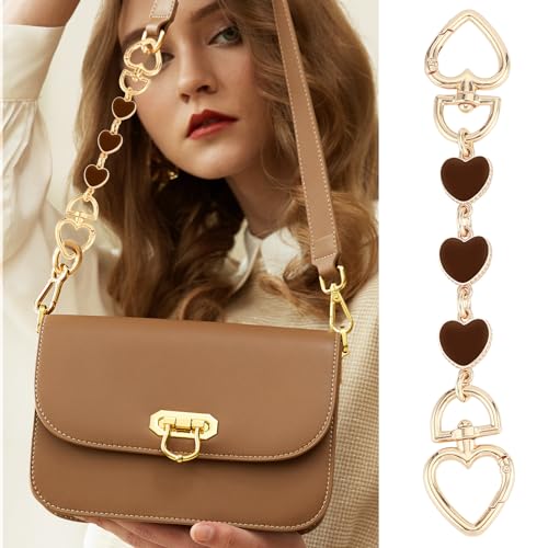Tmtains 2Pcs Heart Purse Extender Chain Gold Purse Strap Extender Brown Bag Extender Chain Coffee Purse Strap Replacement Purse Accessories Bag Charms for Handbag Cross Body Bag Purse Making Supplies - Image 2