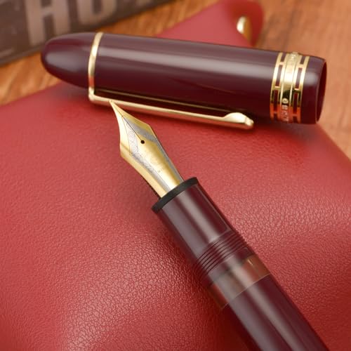 Wikult Yongsheng Junlai 630 Acrylic Fountain Pen, Size 8 Medium Nib with Piston Filling System, Wine Red Transparent Ink Tank with Torpedo Shape Design Smooth Writing Pen (Gold Trim) - Image 4