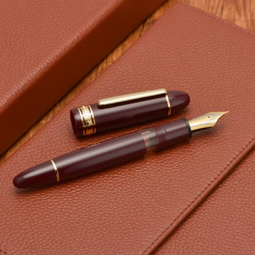 Wikult Yongsheng Junlai 630 Acrylic Fountain Pen, Size 8 Medium Nib with Piston Filling System, Wine Red Transparent Ink Tank with Torpedo Shape Design Smooth Writing Pen (Gold Trim) - Image 5