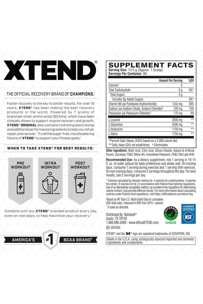 XTEND Original BCAA  Powder Zero Sugar With Electrolytes for Hydration & Muscle Repair,  Post-Workout Supplement, Lemon Mango Madness Flavor - 90 Servings - Image 2