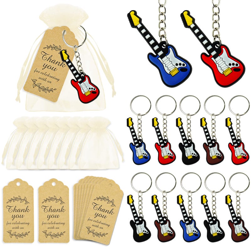 BANBALLON 12 Sets Guitar Key Chains with Organza Bags and Thank You Tags for Birthday Party Rock and Roll Theme Karaoke Music Supplies - Image 1