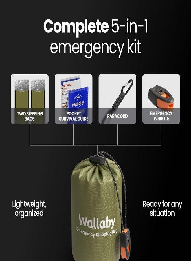 Wallaby 2-Pack Emergency Mylar Sleeping Bags with Nylon Pouches, Whistle Pull & Paracord with Carabiners, Free Survival Guide – Hiking, Survival (Green) - Image 5