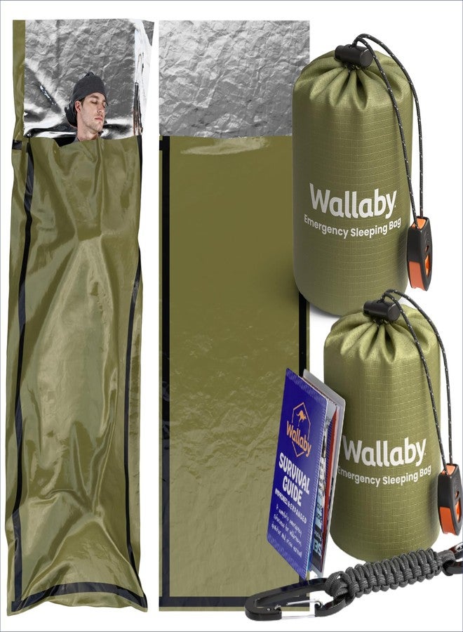 Wallaby 2-Pack Emergency Mylar Sleeping Bags with Nylon Pouches, Whistle Pull & Paracord with Carabiners, Free Survival Guide – Hiking, Survival (Green) - Image 1