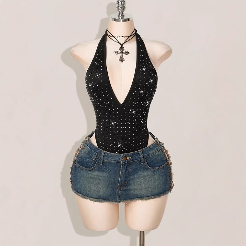 Women's Sequin and Rhinestone Deep V-Neck Halter Jumpsuit - Image 1