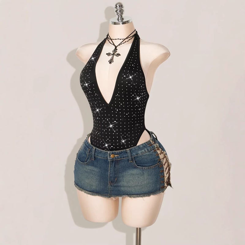 Women's Sequin and Rhinestone Deep V-Neck Halter Jumpsuit - Image 3