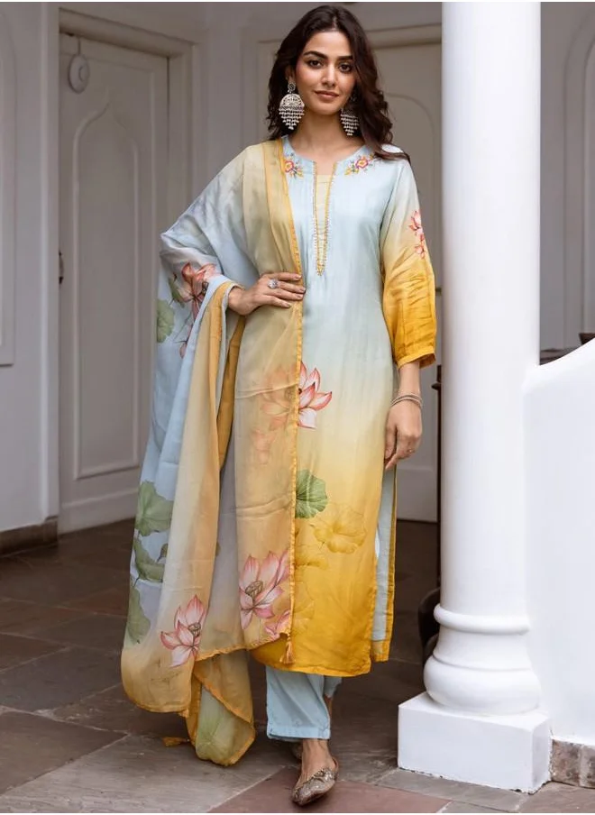 آي شين Palazzo Women Sky Blue Muslin Kurta Set with Embroidered pattern Tunic and Palazzo features a Round neckline and Three-Fourth Sleeve secured with Elastic closure and styled in Straight Fit ideal for Festive moments — a must-have for your statement wardrobe.