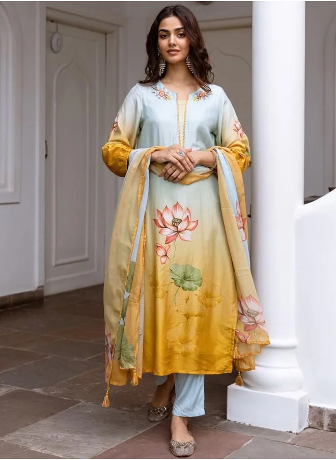 ISHIN Palazzo Women Sky Blue Muslin Kurta Set with Embroidered pattern Tunic and Palazzo features a Round neckline and Three-Fourth Sleeve secured with Elastic closure and styled in Straight Fit ideal for Festive moments — a must-have for your statement wardrobe.