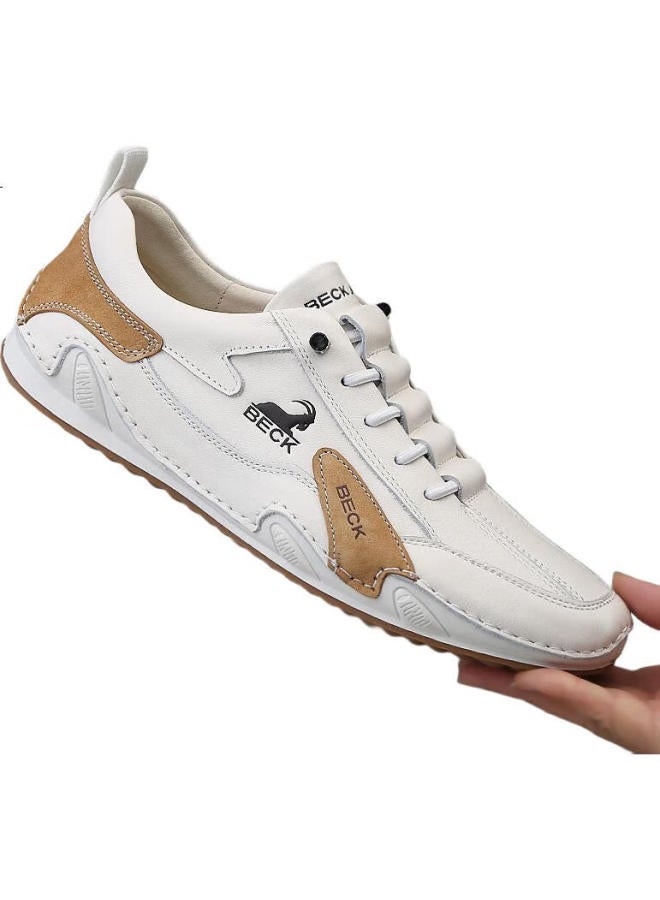 Beck Men'S Casual Shoes Spring And Summer Breathable Genuine Leather Casual Shoes Comfortable Soft Bottom White Shoes Men White Brown 42 - Image 1