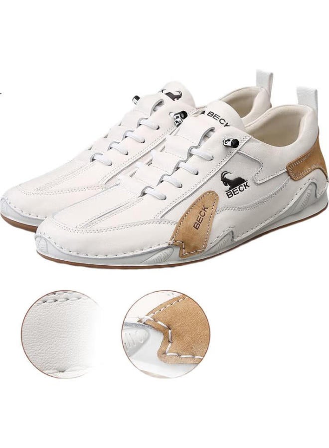 Beck Men'S Casual Shoes Spring And Summer Breathable Genuine Leather Casual Shoes Comfortable Soft Bottom White Shoes Men White Brown 42 - Image 2