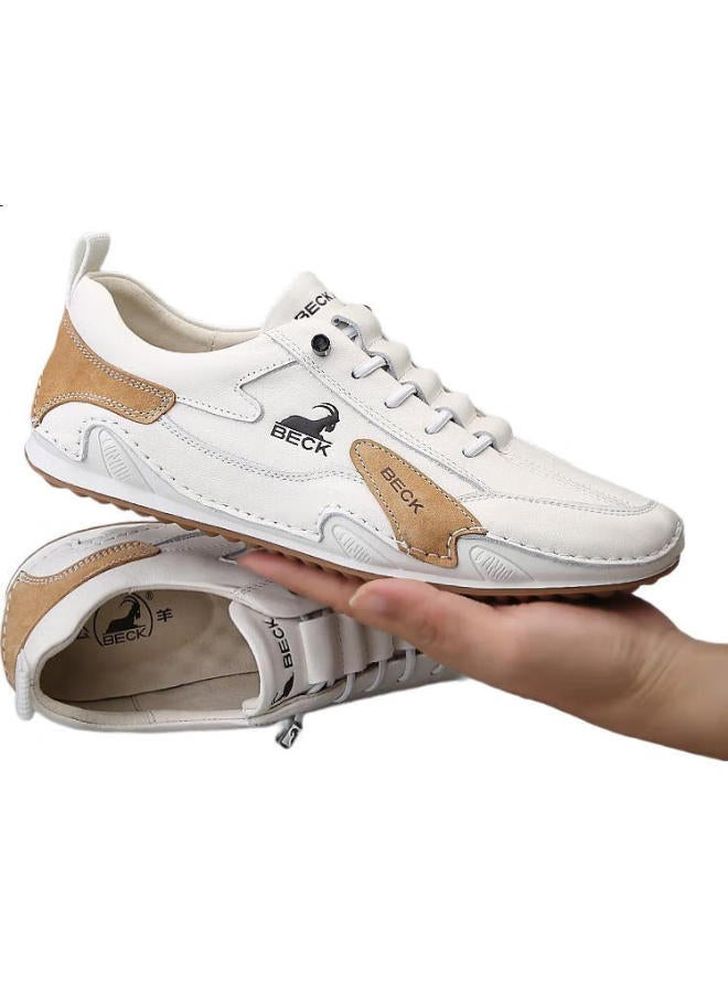 Beck Men'S Casual Shoes Spring And Summer Breathable Genuine Leather Casual Shoes Comfortable Soft Bottom White Shoes Men White Brown 42 - Image 3