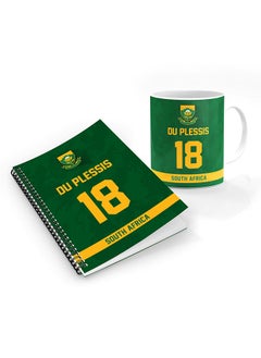 Designer Printed Coffee Mug + A5 Spiral Notebook Memo Notepad Journal Personalised Combo Gift Set  -Player Name - Faf du Plessis, Jersey Number-18