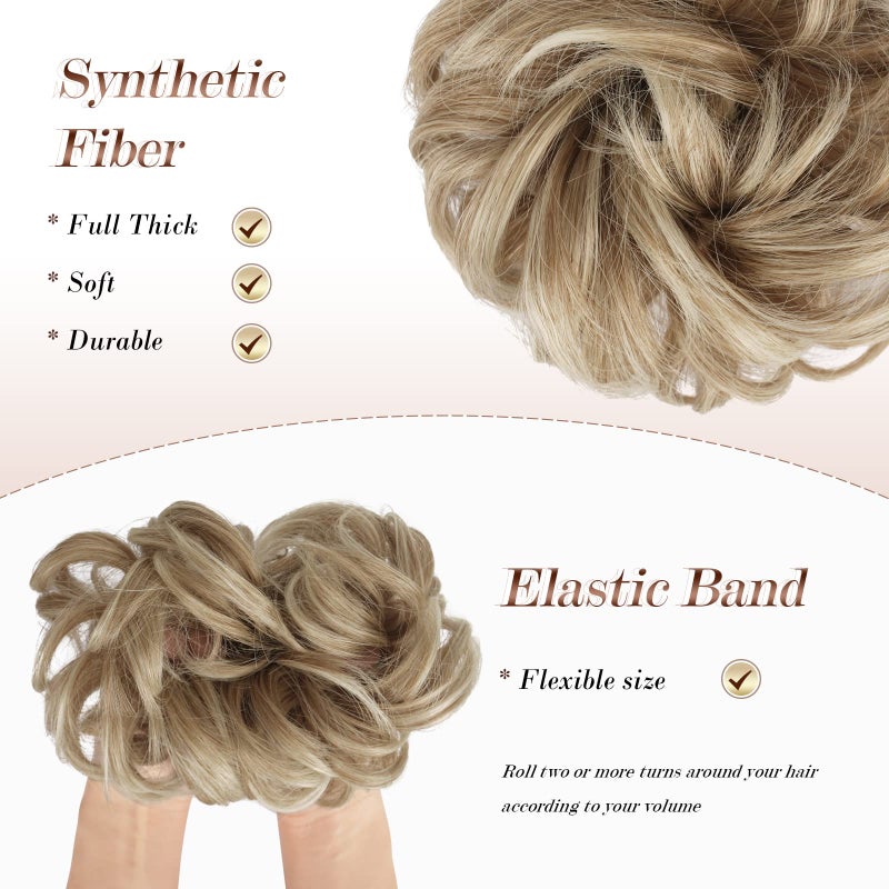 FESHFEN Large Messy Bun Hair Piece - Wavy Synthetic Chignon Scrunchies Elastic Ponytail Hair Extensions Thick Hairpieces for Women, Mixed Blonde and Ash Blonde Tips 1.94oz - Image 4