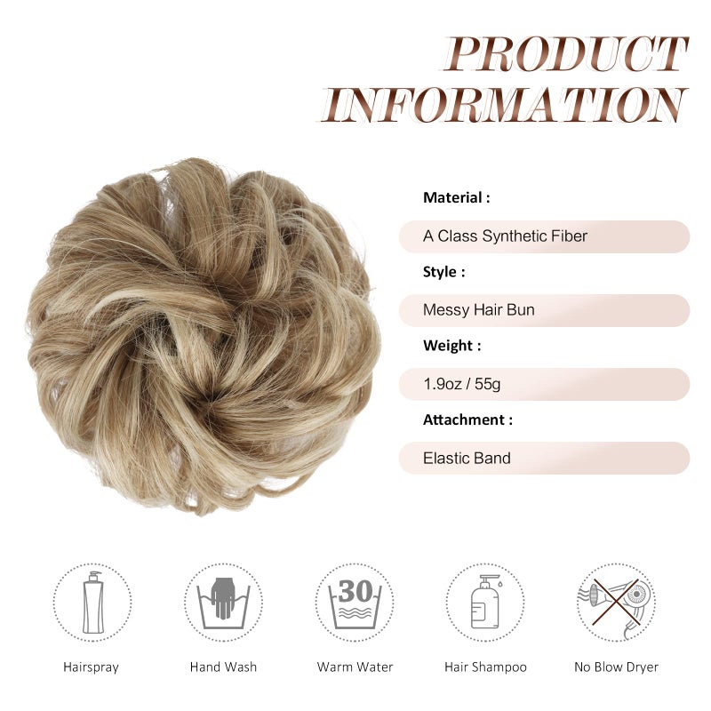 FESHFEN Large Messy Bun Hair Piece - Wavy Synthetic Chignon Scrunchies Elastic Ponytail Hair Extensions Thick Hairpieces for Women, Mixed Blonde and Ash Blonde Tips 1.94oz - Image 5
