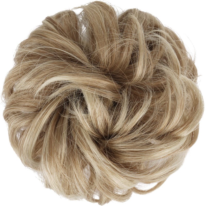 FESHFEN Large Messy Bun Hair Piece - Wavy Synthetic Chignon Scrunchies Elastic Ponytail Hair Extensions Thick Hairpieces for Women, Mixed Blonde and Ash Blonde Tips 1.94oz - Image 2